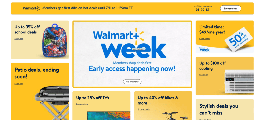 Walmart's homepage on Prime Day, touting Walmart+ Week sales